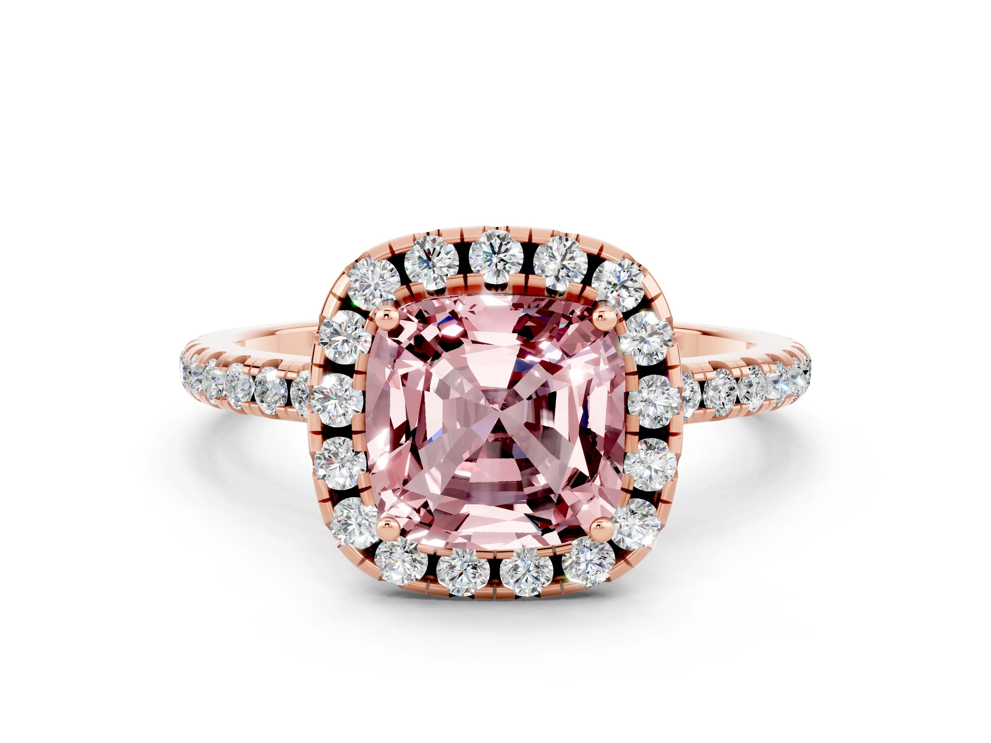 Rose gold Cushion Cut Halo Round Diamond Pavé Band Four-Prong Ring