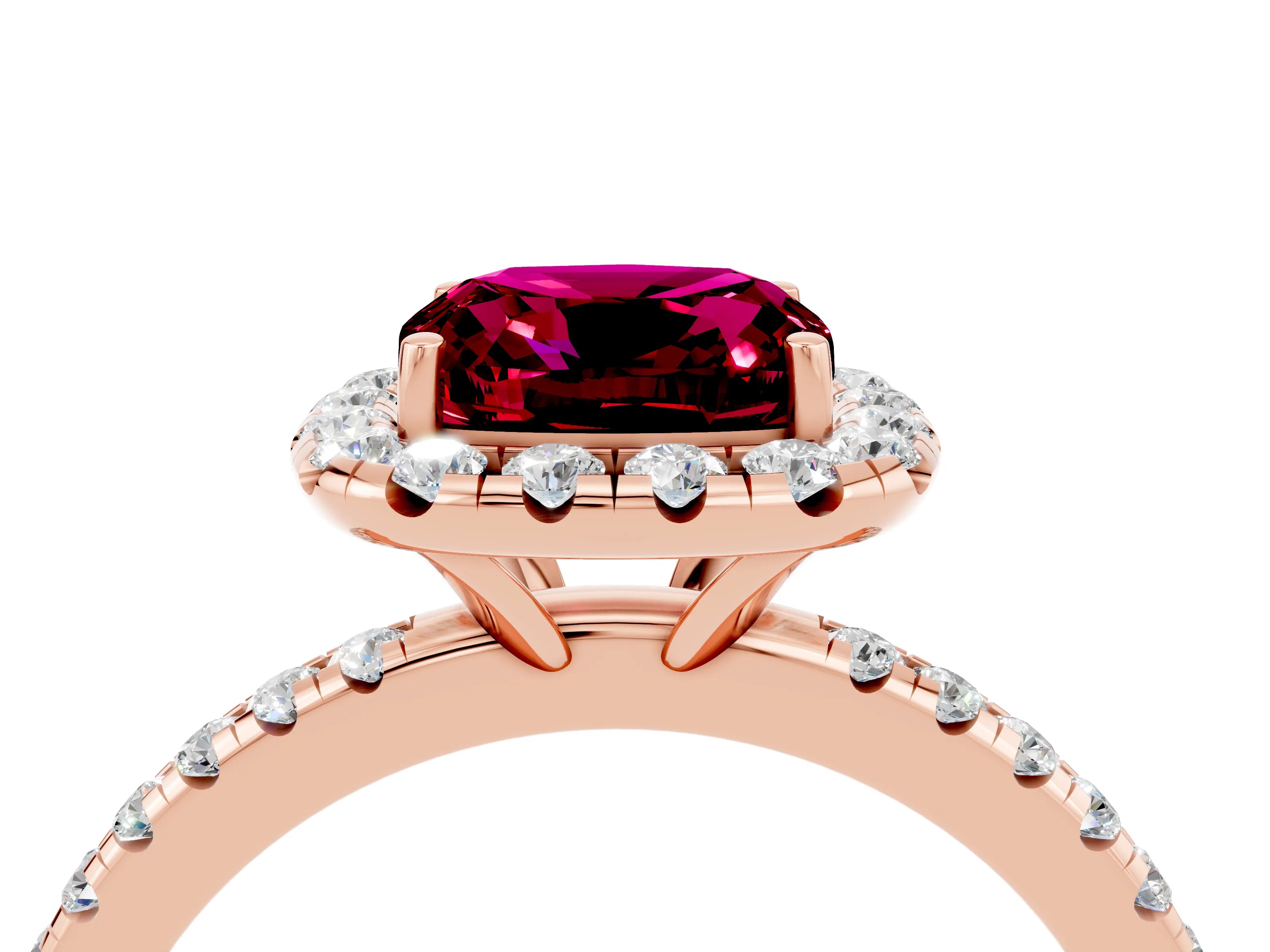 Rose gold Cushion Cut Halo Round Diamond Pavé Band Four-Prong Ring_4
