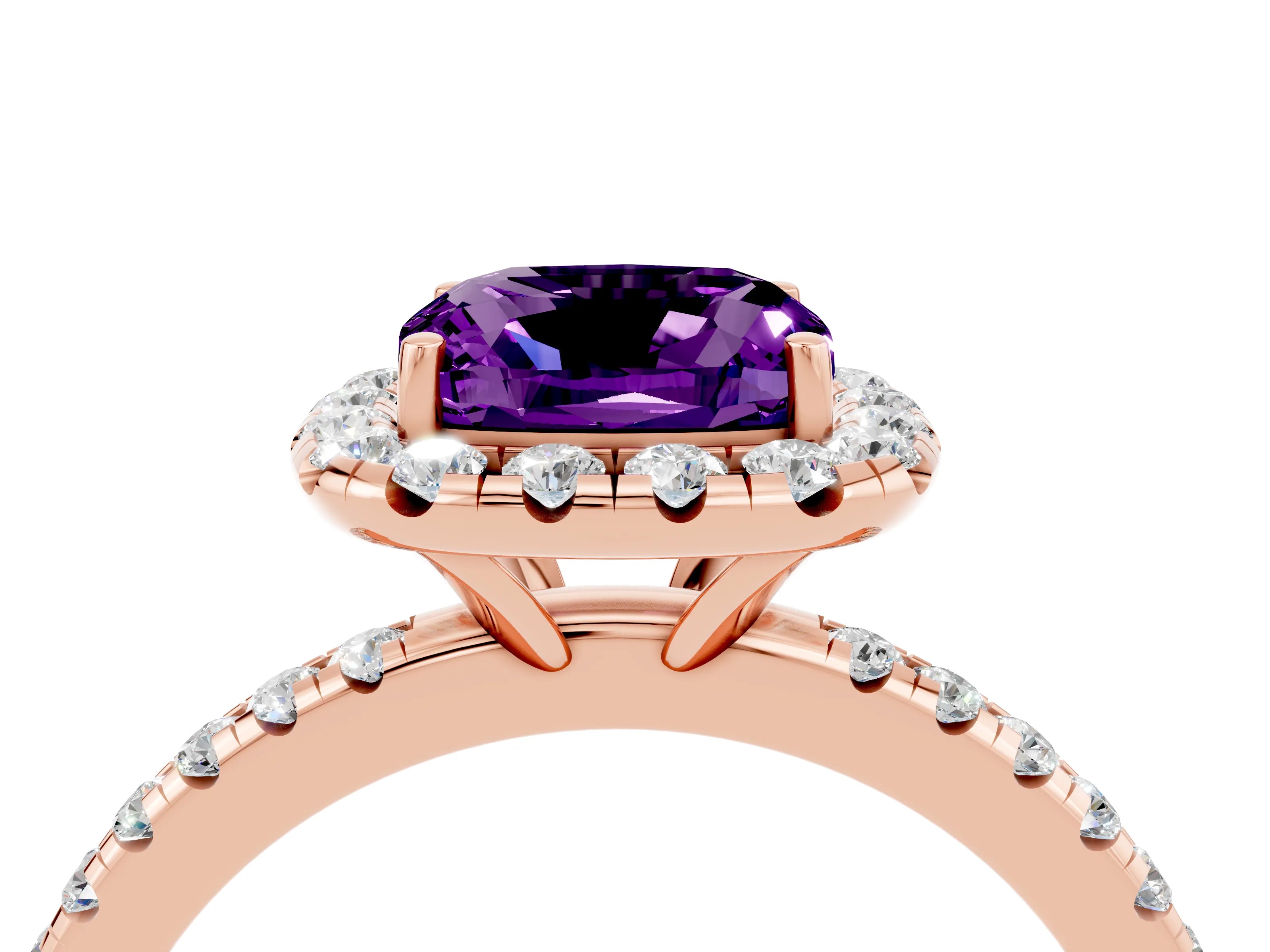 Rose gold Cushion Cut Halo Round Diamond Pavé Band Four-Prong Ring_4