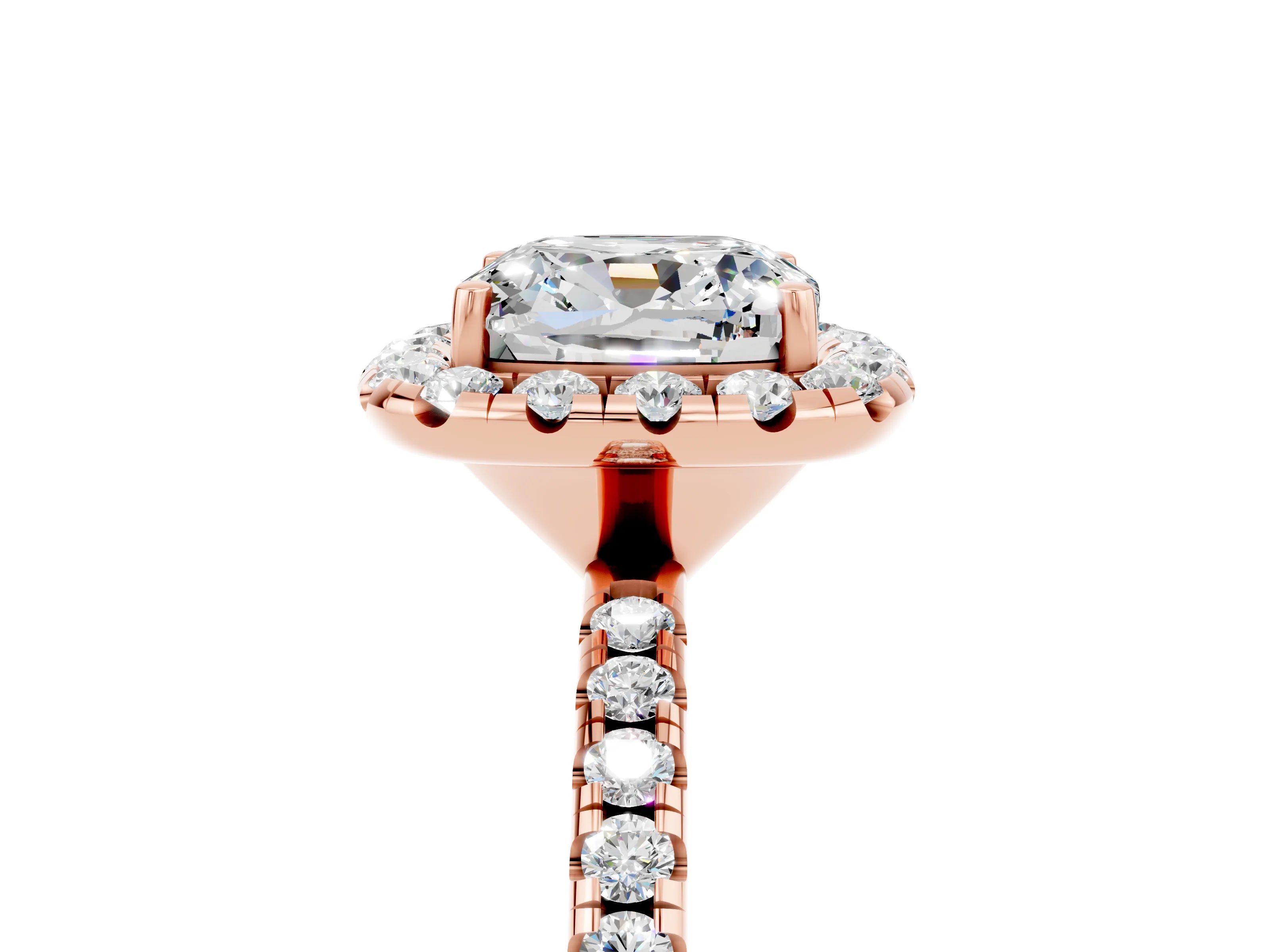 Rose gold Cushion Cut Halo Round Diamond Pavé Band Four-Prong Ring_5