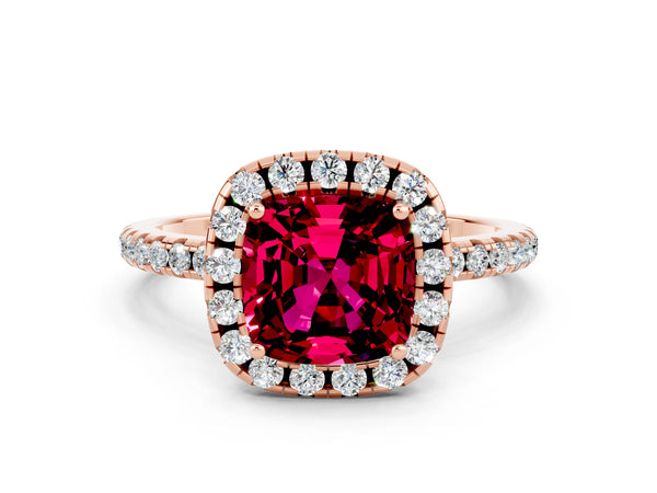 Rose gold Cushion Cut Garnet Halo Ring with Round Pavé Band and Prong Setting