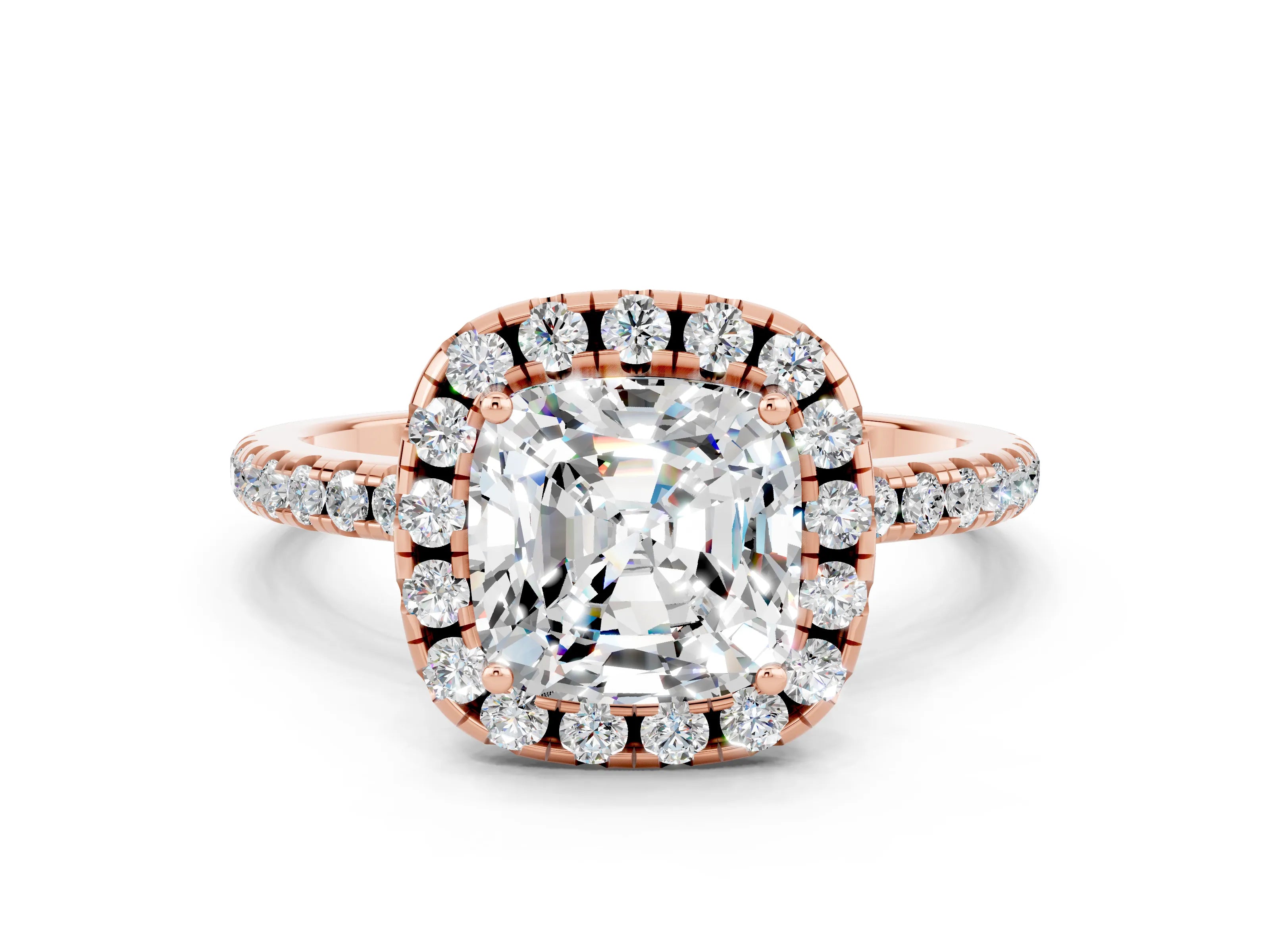 Rose gold Cushion Cut Halo Round Diamond Pavé Band Four-Prong Ring