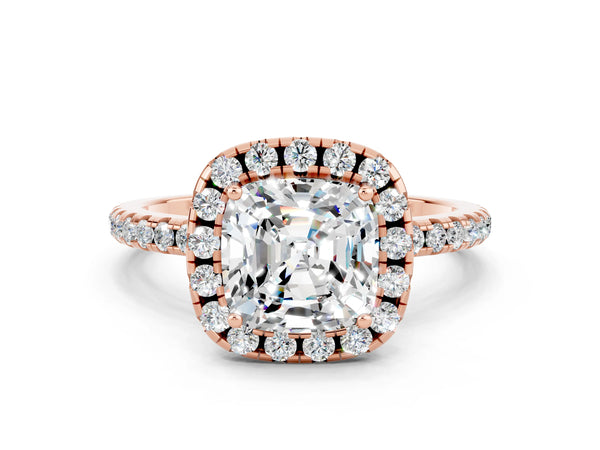 Rose gold Cushion Cut Moissanite Halo Ring with Round Pavé Band and Prong Setting