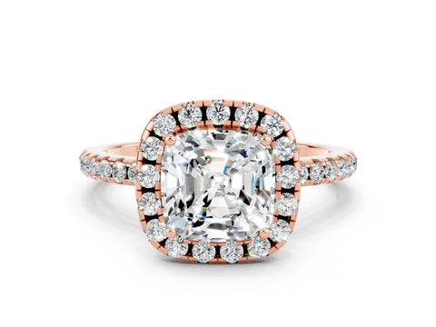 Rose gold Cushion Cut Halo Round Diamond Pavé Band Four-Prong Ring