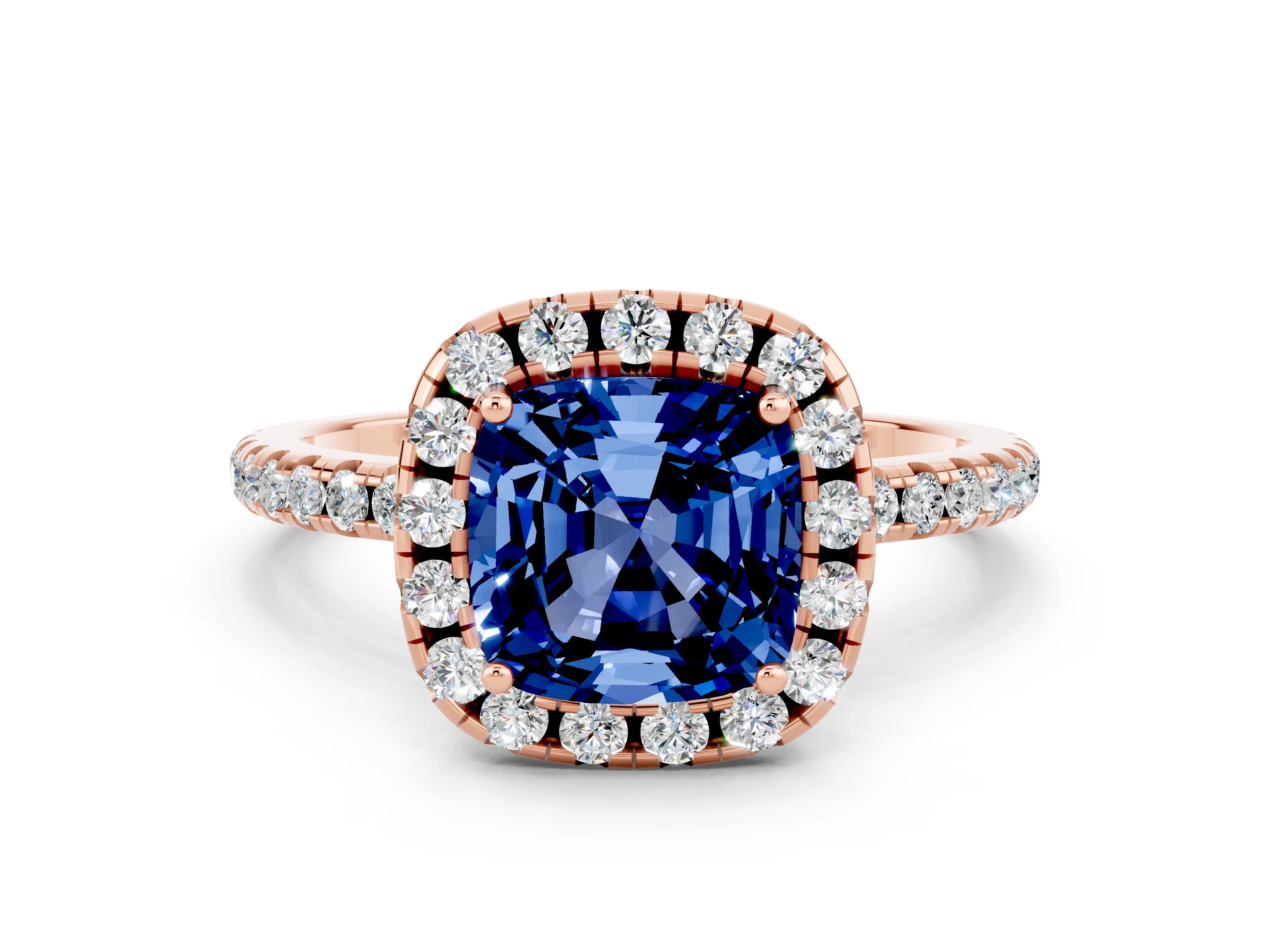 Rose gold Cushion Cut Halo Round Diamond Pavé Band Four-Prong Ring