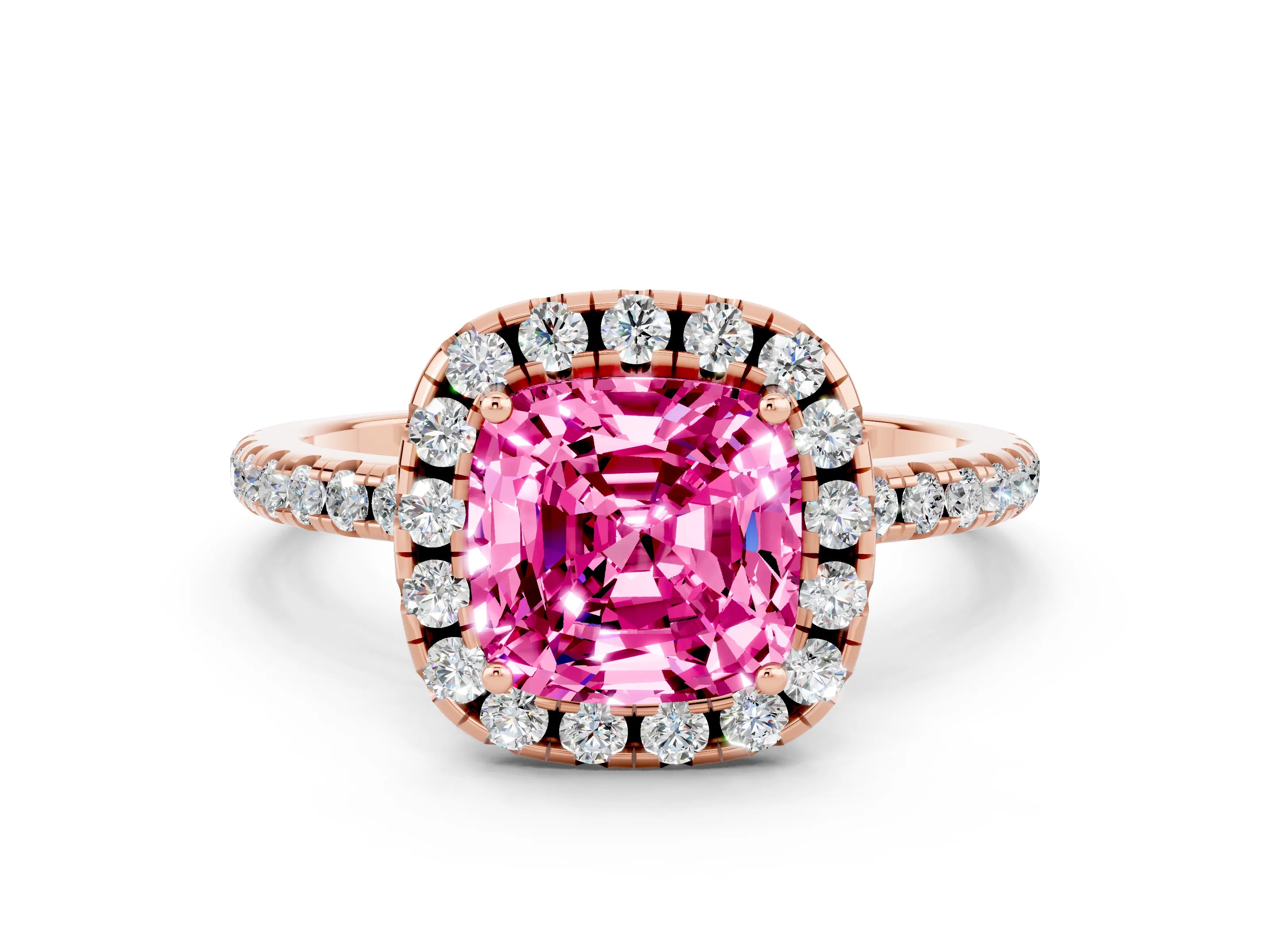 Rose gold Cushion Cut Halo Round Diamond Pavé Band Four-Prong Ring