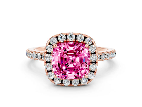 Rose gold Cushion Cut Halo Round Diamond Pavé Band Four-Prong Ring