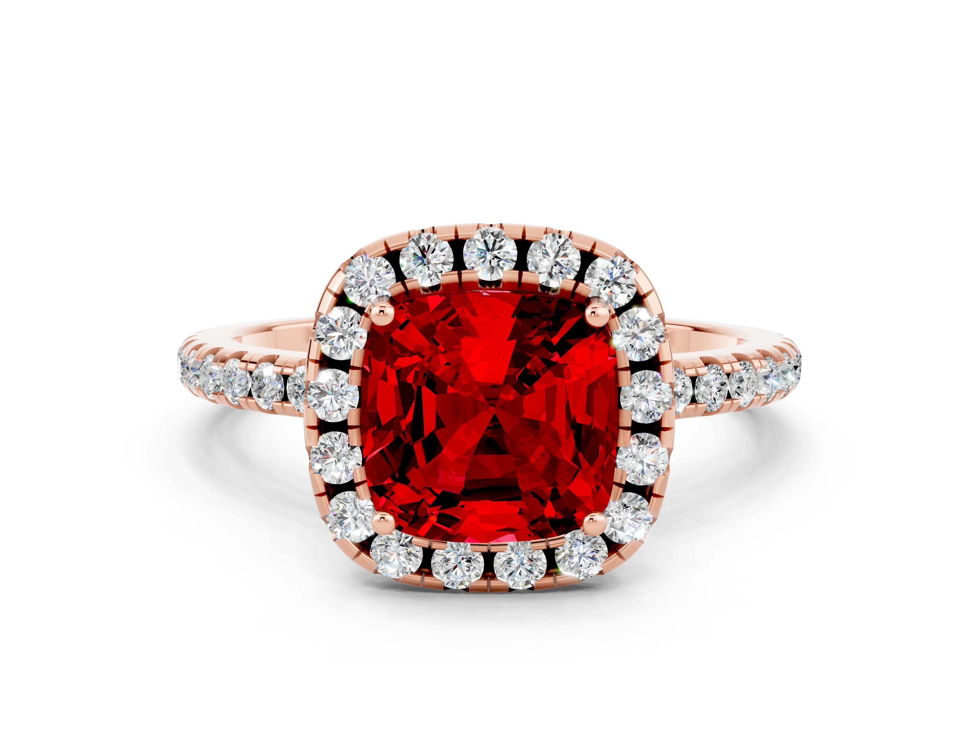 Rose gold Cushion Cut Halo Round Diamond Pavé Band Four-Prong Ring