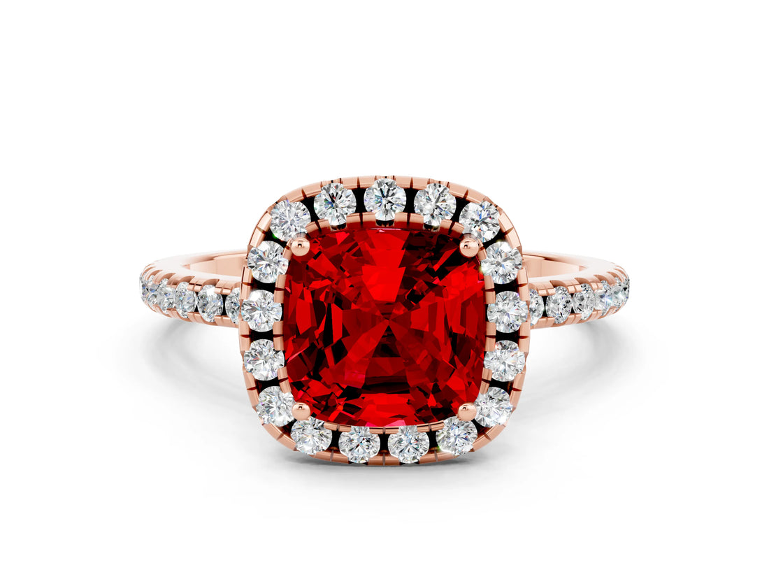 Rose gold Cushion Cut Halo Round Diamond Pavé Band Four-Prong Ring