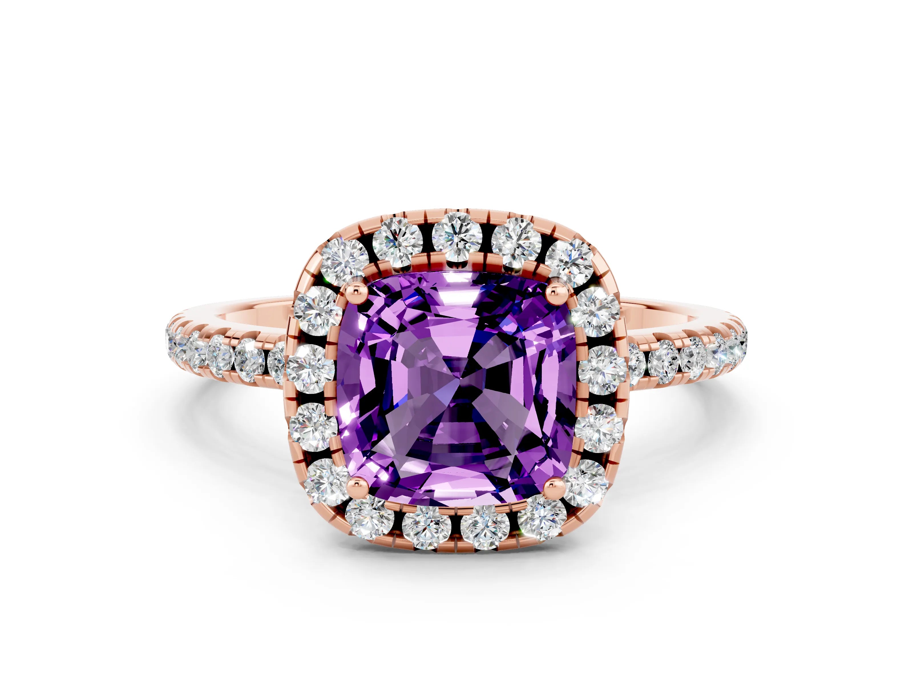 Rose gold Cushion Cut Halo Round Diamond Pavé Band Four-Prong Ring