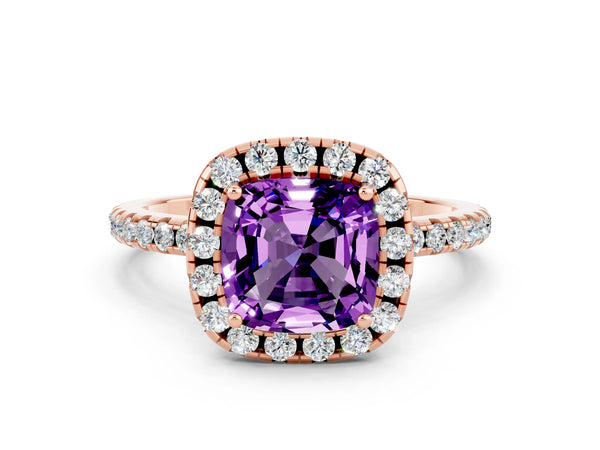 Rose gold Cushion Cut Amethyst Halo Ring with Round Pavé Band and Prong Setting