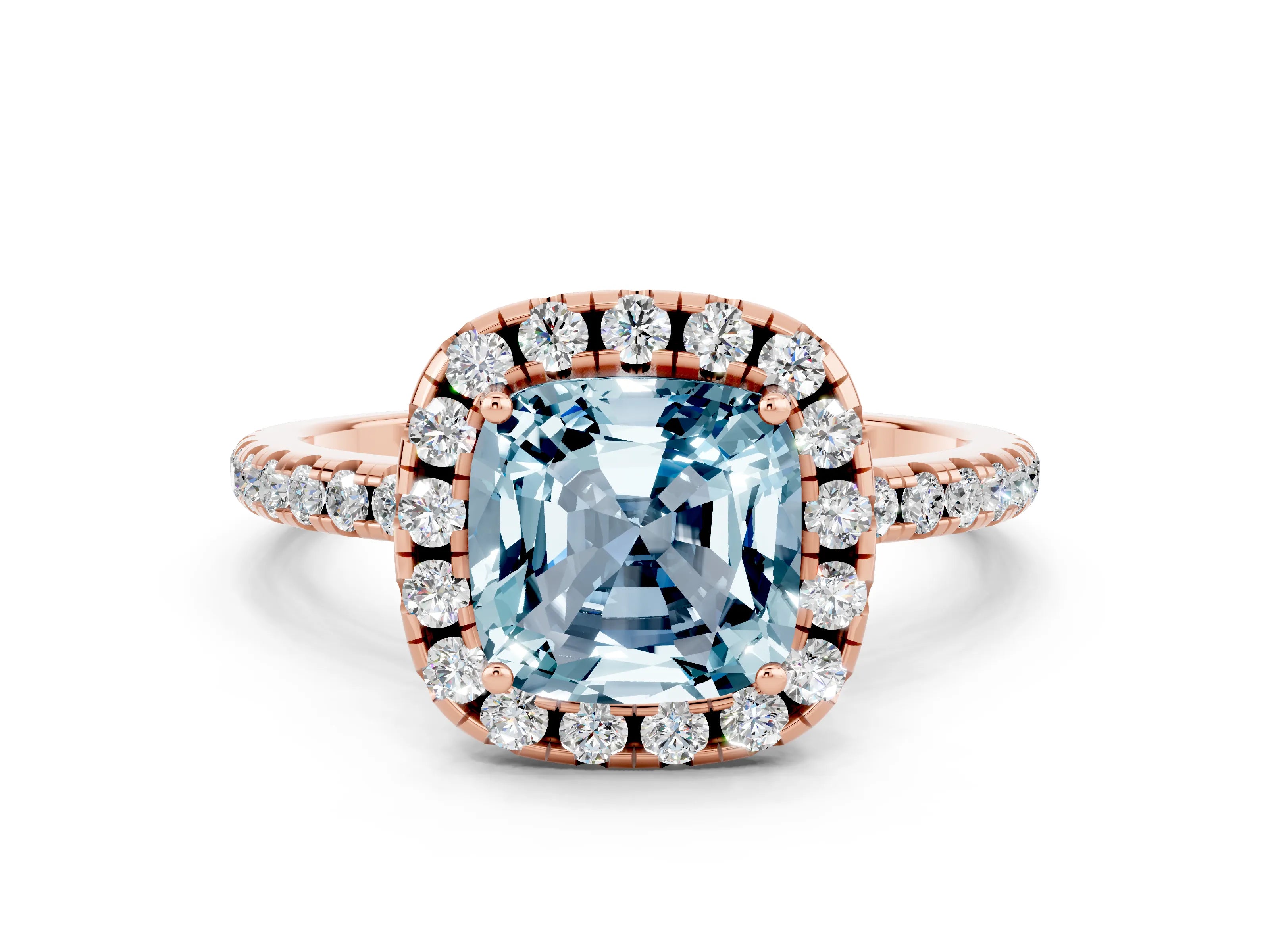 Rose gold Cushion Cut Halo Round Diamond Pavé Band Four-Prong Ring