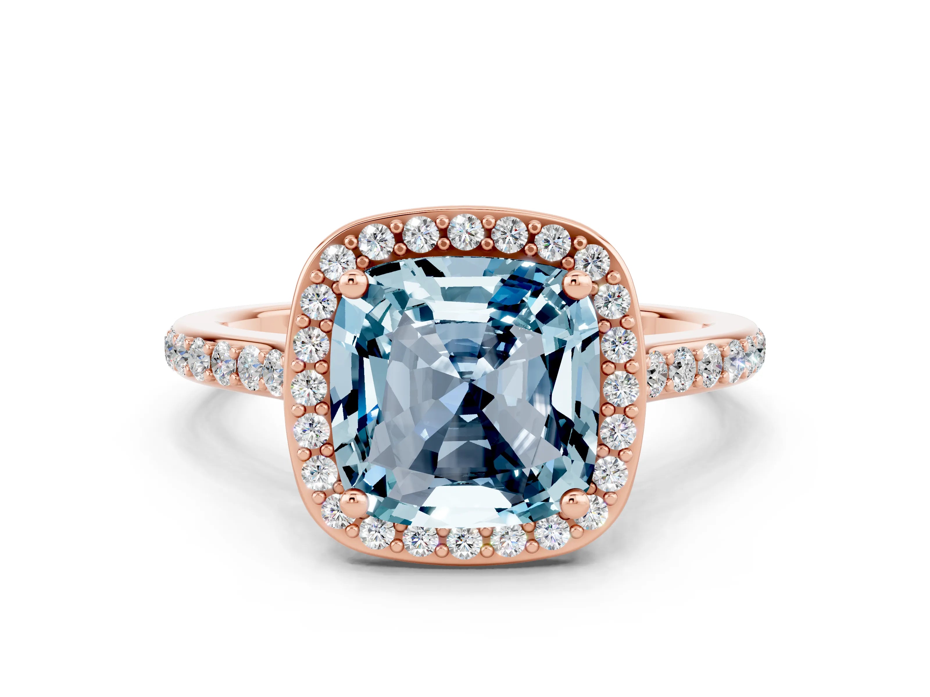 Rose gold Cushion Cut Halo Round Diamond Pavé Band with Four-Prong Setting