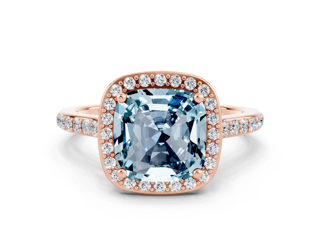 Rose gold Cushion Cut Halo Round Diamond Pavé Band with Four-Prong Setting