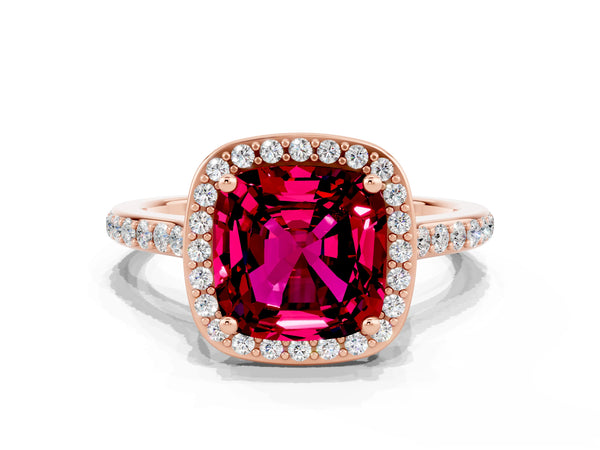 Rose gold Cushion Cut Garnet Halo Engagement Ring with Round Pavé Shoulders and Prong Setting