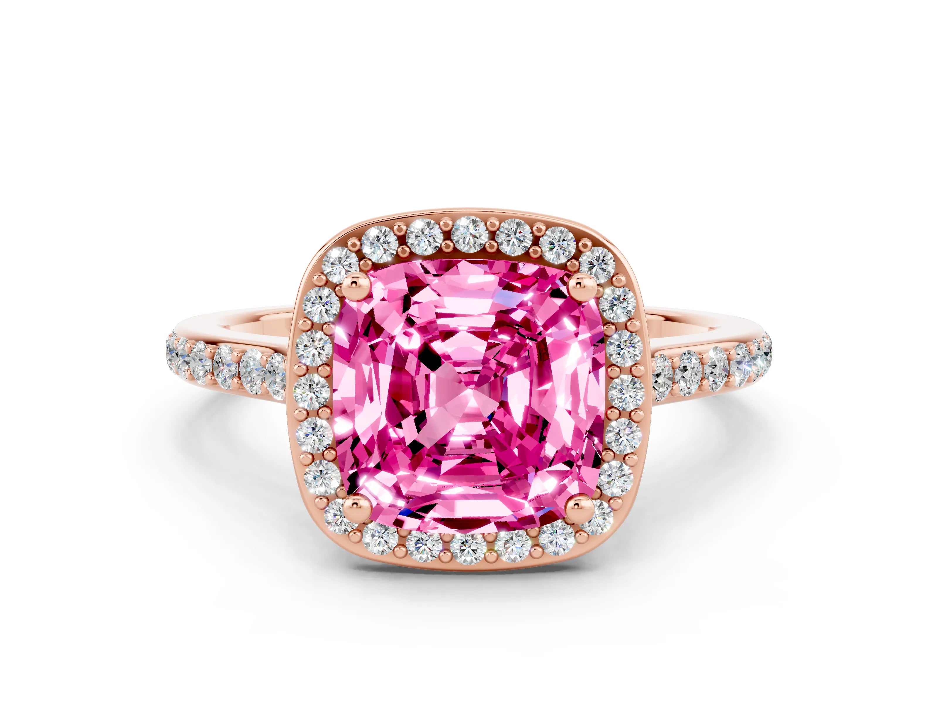 Rose gold Cushion Cut Halo Round Diamond Pavé Band with Four-Prong Setting