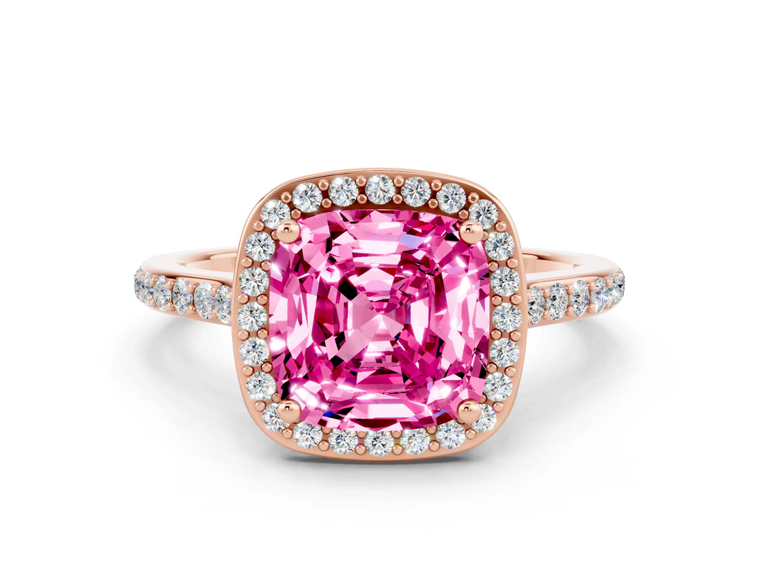 Rose gold Cushion Cut Halo Round Diamond Pavé Band with Four-Prong Setting