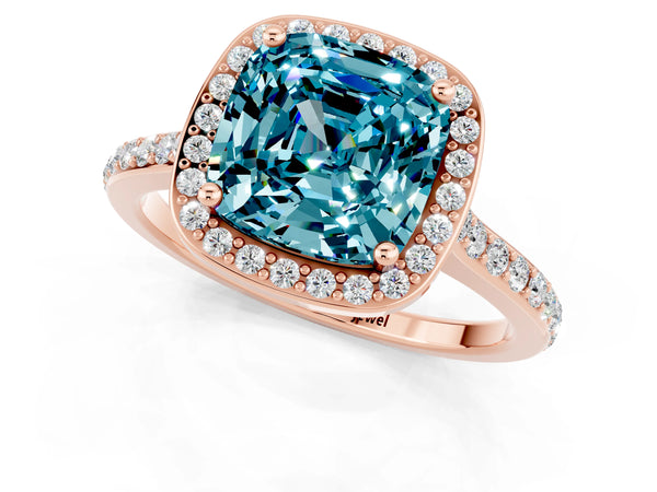 Rose gold Cushion Cut Halo Round Diamond Pavé Band with Four-Prong Setting