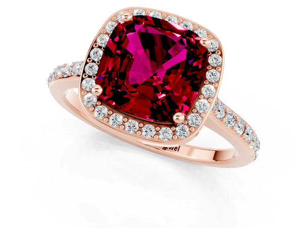 Rose gold Cushion Cut Garnet Halo Engagement Ring with Round Pavé Shoulders and Prong Setting