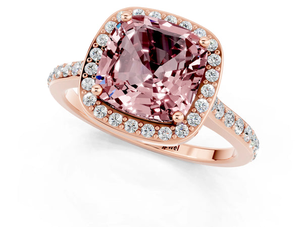 Rose gold Cushion Cut Halo Round Diamond Pavé Band with Four-Prong Setting