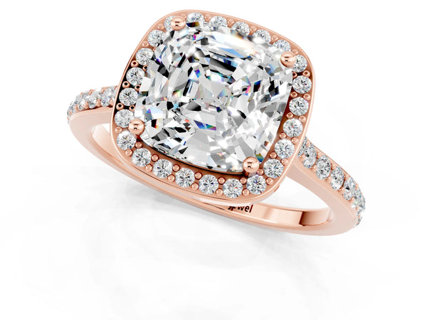 Rose gold Cushion Cut Moissanite Halo Engagement Ring with Round Pavé Shoulders and Prong Setting