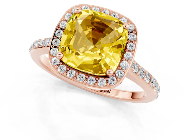 Rose gold Cushion Cut Yellow Sapphire Halo Engagement Ring with Round Pavé Shoulders and Prong Setting