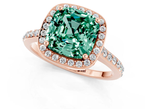 Rose gold Cushion Cut Green Sapphire Halo Engagement Ring with Round Pavé Shoulders and Prong Setting