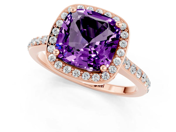 Rose gold Cushion Cut Amethyst Halo Engagement Ring with Round Pavé Shoulders and Prong Setting