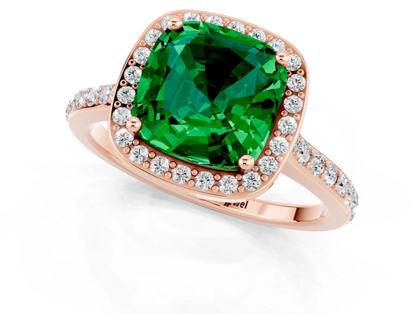 Rose gold Cushion Cut Emerald Halo Engagement Ring with Round Pavé Shoulders and Prong Setting