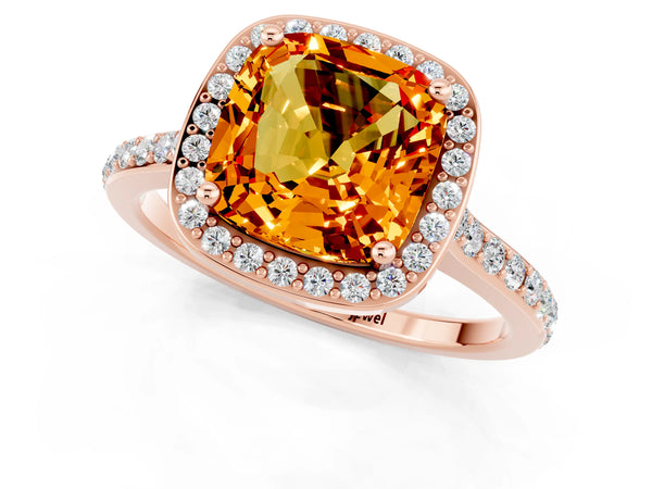 Rose gold Cushion Cut Citrine Halo Engagement Ring with Round Pavé Shoulders and Prong Setting