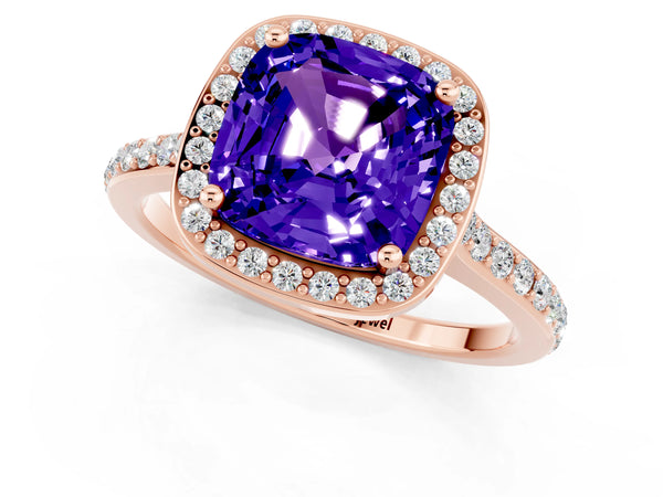 Rose gold Cushion Cut Tanzanite Halo Engagement Ring with Round Pavé Shoulders and Prong Setting
