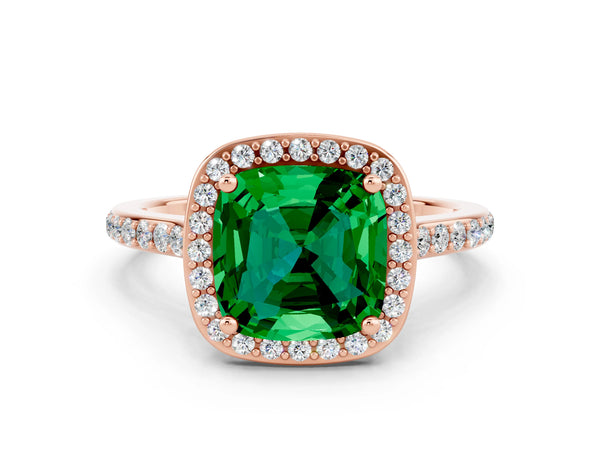 Rose gold Cushion Cut Emerald Halo Engagement Ring with Round Pavé Shoulders and Prong Setting
