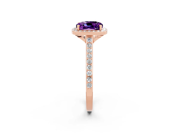 Rose gold Cushion Cut Amethyst Halo Engagement Ring with Round Pavé Shoulders and Prong Setting