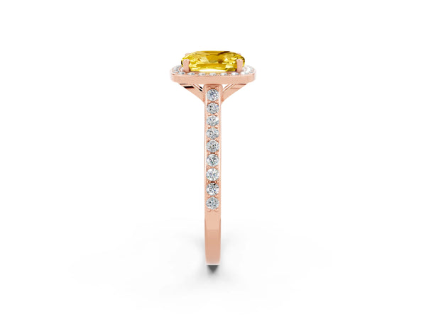 Rose gold Cushion Cut Yellow Sapphire Halo Engagement Ring with Round Pavé Shoulders and Prong Setting