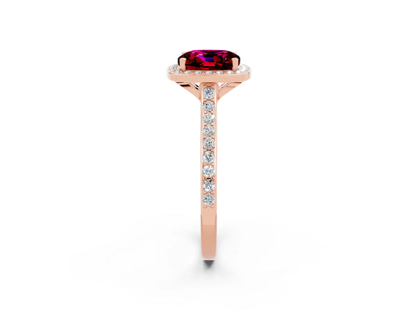 Rose gold Cushion Cut Garnet Halo Engagement Ring with Round Pavé Shoulders and Prong Setting