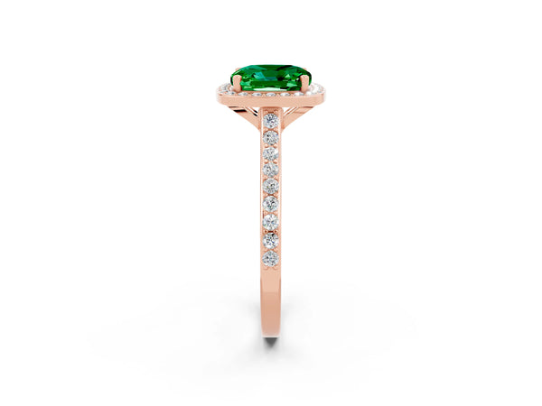 Rose gold Cushion Cut Emerald Halo Engagement Ring with Round Pavé Shoulders and Prong Setting