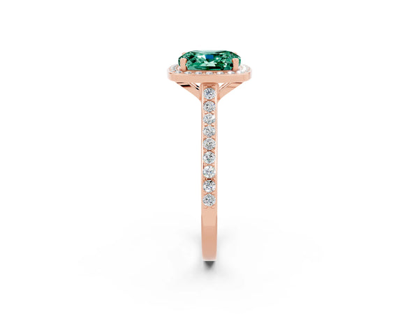 Rose gold Cushion Cut Green Sapphire Halo Engagement Ring with Round Pavé Shoulders and Prong Setting
