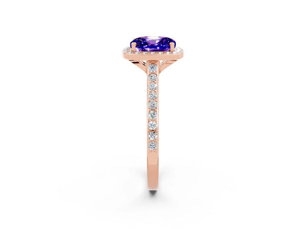 Rose gold Cushion Cut Tanzanite Halo Engagement Ring with Round Pavé Shoulders and Prong Setting