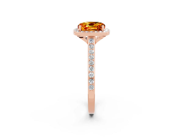 Rose gold Cushion Cut Citrine Halo Engagement Ring with Round Pavé Shoulders and Prong Setting