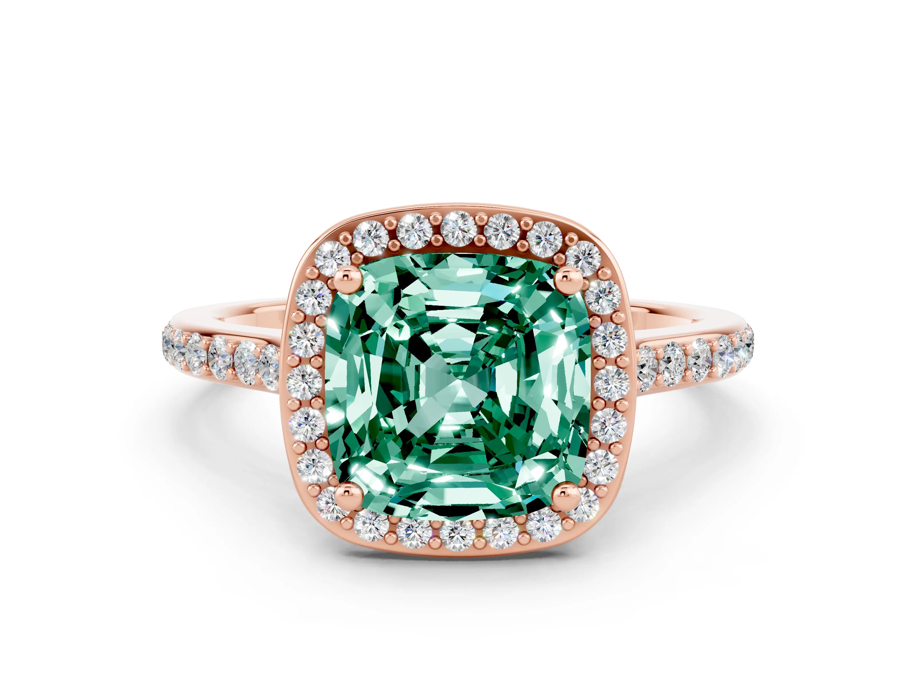 Rose gold Cushion Cut Halo Round Diamond Pavé Band with Four-Prong Setting