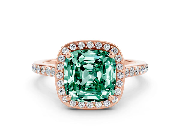 Rose gold Cushion Cut Green Sapphire Halo Engagement Ring with Round Pavé Shoulders and Prong Setting
