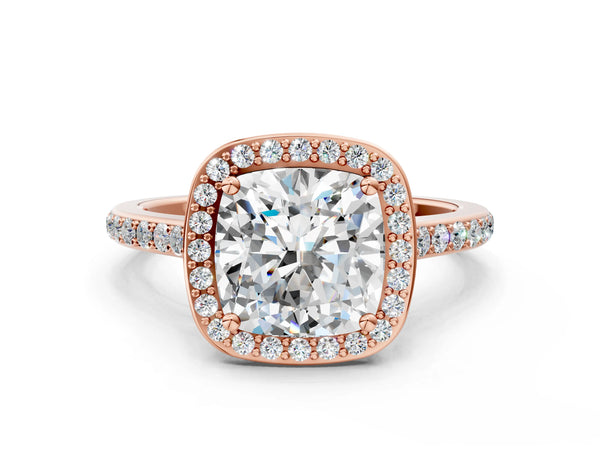 Rose gold Cushion Cut Halo Round Diamond Pavé Band with Four-Prong Setting