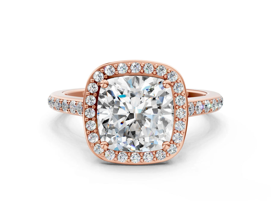 Rose gold Cushion Cut Halo Round Diamond Pavé Band with Four-Prong Setting