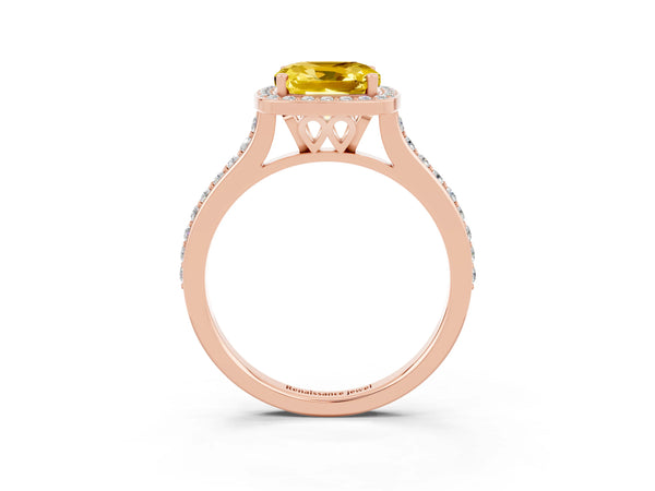 Rose gold Cushion Cut Yellow Sapphire Halo Engagement Ring with Round Pavé Shoulders and Prong Setting