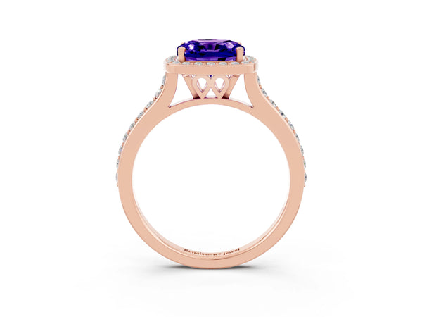 Rose gold Cushion Cut Tanzanite Halo Engagement Ring with Round Pavé Shoulders and Prong Setting