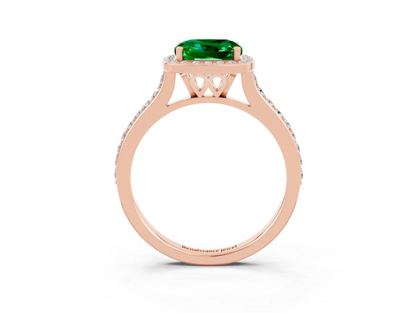 Rose gold Cushion Cut Emerald Halo Engagement Ring with Round Pavé Shoulders and Prong Setting