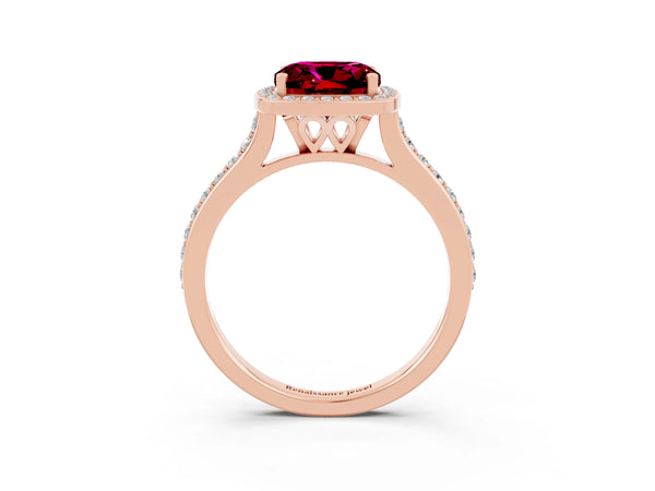 Rose gold Cushion Cut Garnet Halo Engagement Ring with Round Pavé Shoulders and Prong Setting