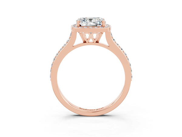 Rose gold Cushion Cut Moissanite Halo Engagement Ring with Round Pavé Shoulders and Prong Setting