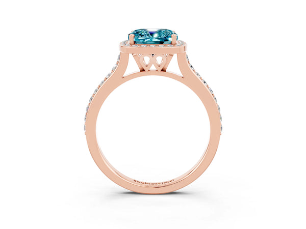 Rose gold Cushion Cut Halo Round Diamond Pavé Band with Four-Prong Setting