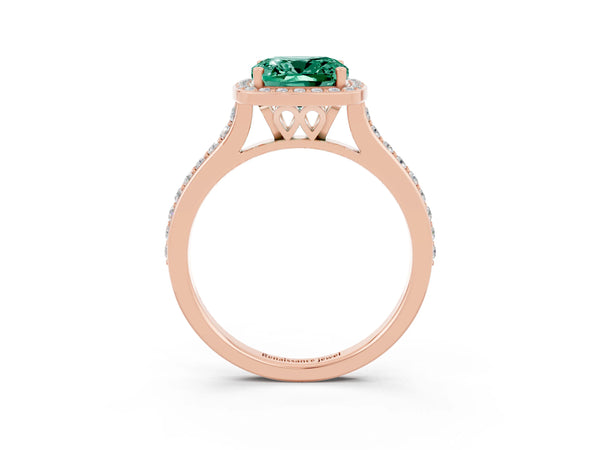 Rose gold Cushion Cut Green Sapphire Halo Engagement Ring with Round Pavé Shoulders and Prong Setting